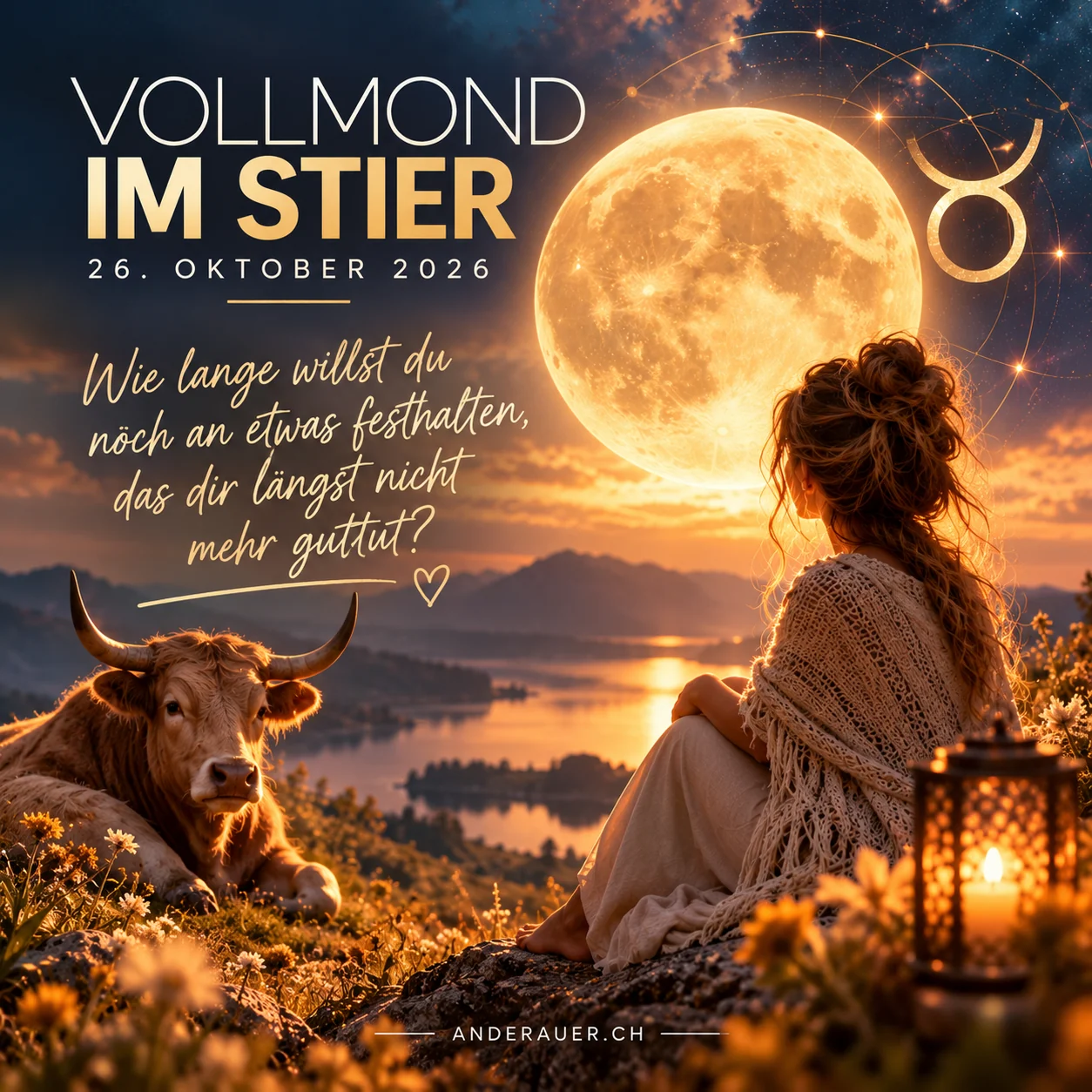 Vollmond im Stier am 26. Oktober 2026: Frau und Stier vor einem goldenen Vollmond über einer Seenlandschaft